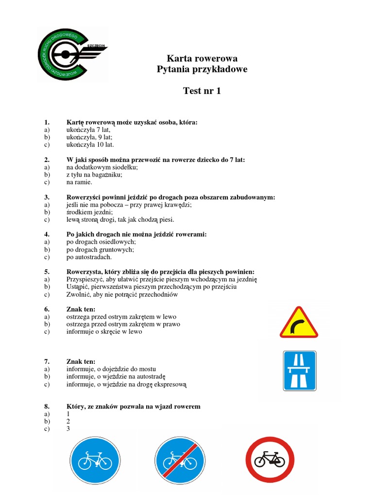 Karta Rowerowa Test nr.1 | PDF