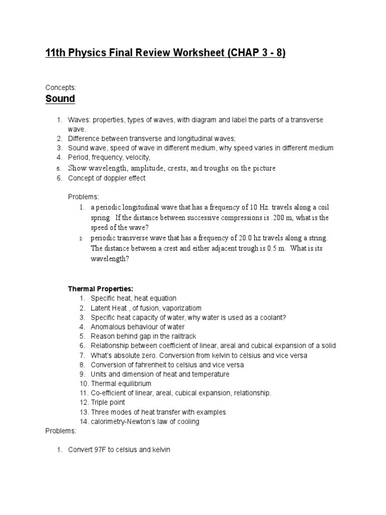 11th Grade Physics Review Worksheet | PDF | Velocity | Waves