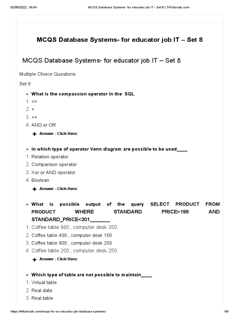 MCQS Database Systems - For Educator Job IT - Set 8 | PDF | Databases ...