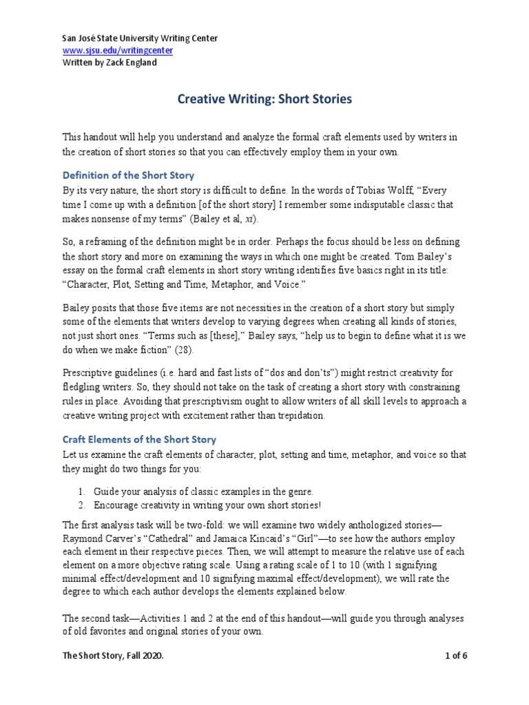 Creative Writing Short Stories Definition of The Short Story PDF