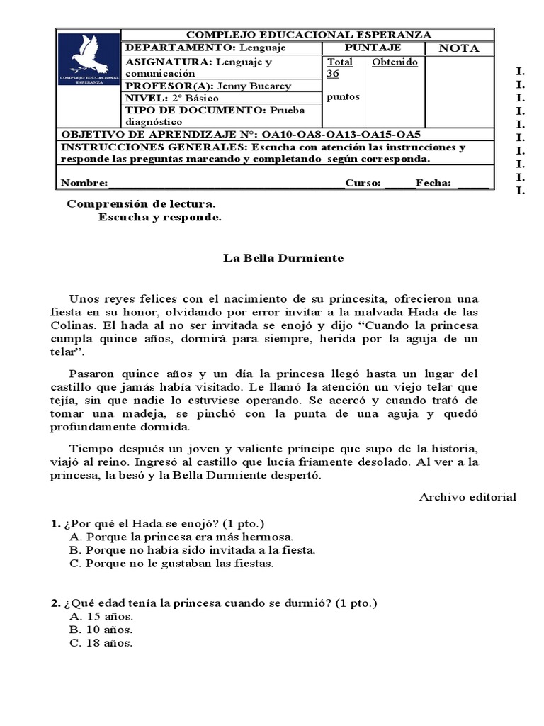Prueba de Lenguaje 2º Básico | PDF | Bella Durmiente