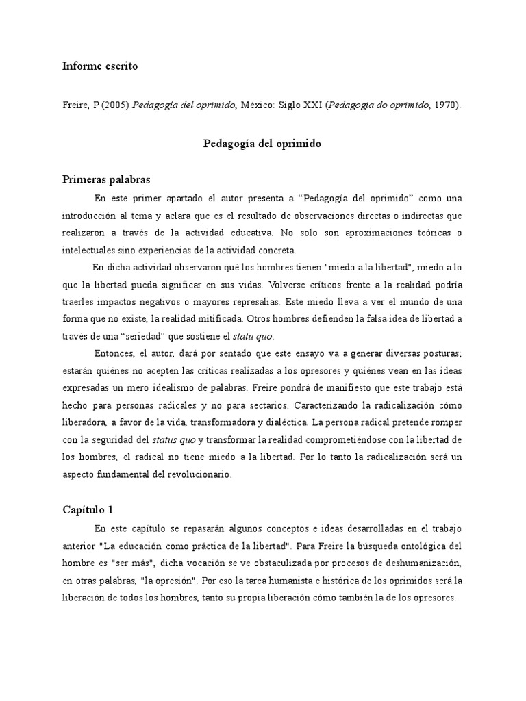 Resumen Pedagogia Del Oprimido PDF Realidad
