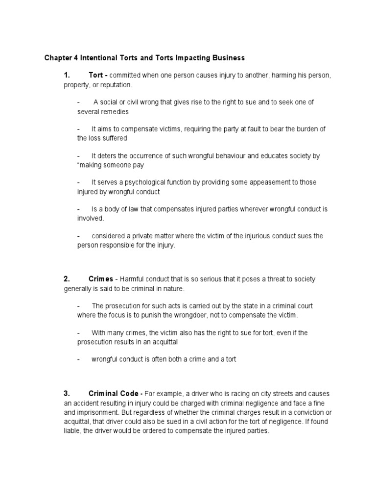 Chapter 4 Intentional Torts And Torts Impacting Business Pdf Tort