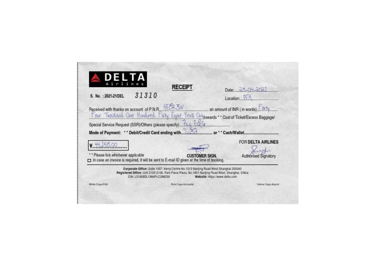 Delta Airlines Baggage Receipt | PDF