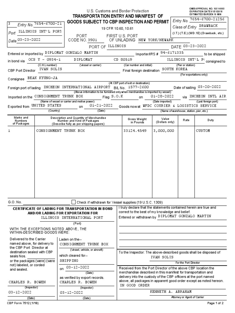 Transportation Entry and Manifest of Goods Subject To CBP Inspection