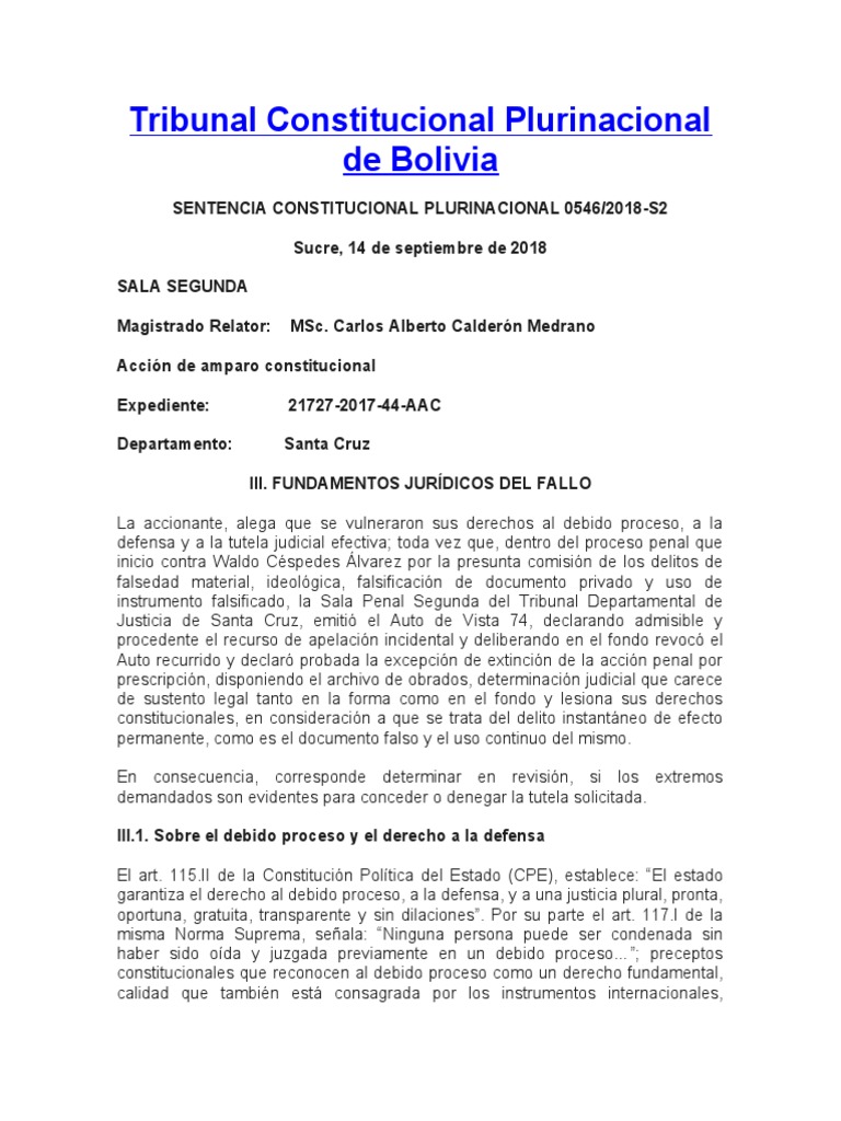 Tribunal Constitucional Plurinacional de Bolivia | PDF | Debido al