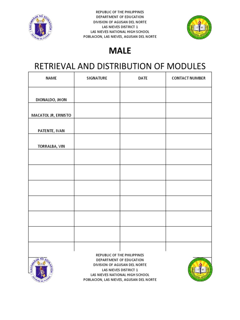 Retrieval and Distribution of Modules: Name Signature Date Contact ...