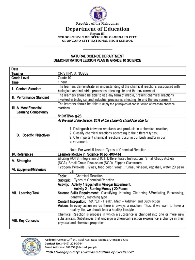 Grade 10 Science Lesson Plan: Chemical Reactions | PDF | Chemical ...