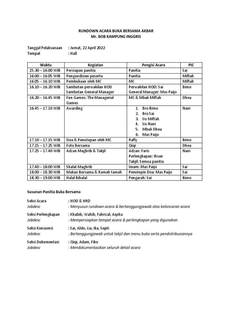 Rundown Acara Buka Bersama Akbar | PDF
