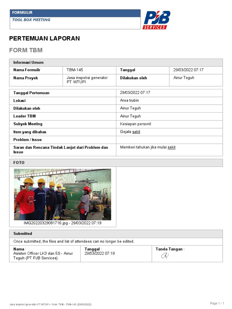 Formulir TBM untuk Inspeksi Generator | PDF