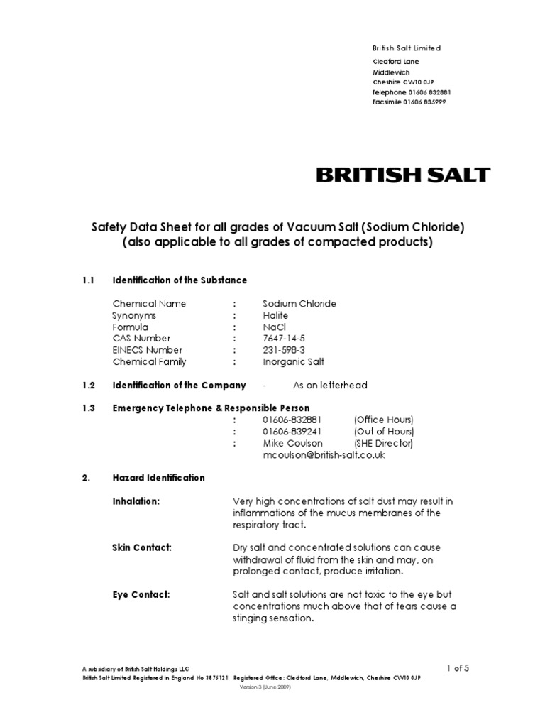 Safety Data Sheet For All Grades of Vacuum Salt (Sodium Chloride) (Also Applicable To All Grades