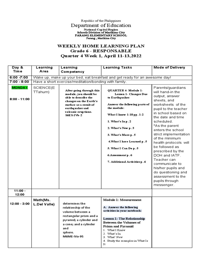 Grade 6 Weekly Home Learning Plan | PDF | Verb | Cognitive Science