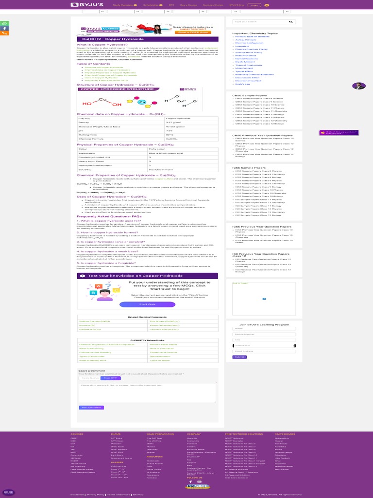 Copper Hydroxide Cu (OH) 2 Structure, Molecular Mass, Physical