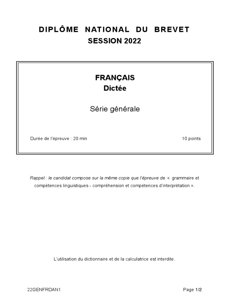 Sujet Brevet 2021 Français Corrigé Sujet Brevet-2022 Français-Dictée-Amérique Du Nord | PDF