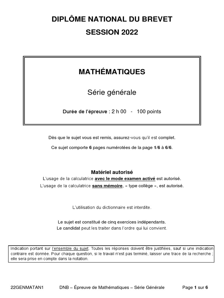 Brevet Blanc 2022 Maths : Corrigé Sujet Brevet-2022 Mathématiques-Amérique Du Nord | PDF | Entier naturel |  Mathématiques