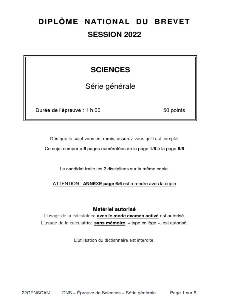 Correction Brevet Amerique Du Nord 2022 Sujet Brevet-2022 Sciences-Amérique Du Nord | PDF