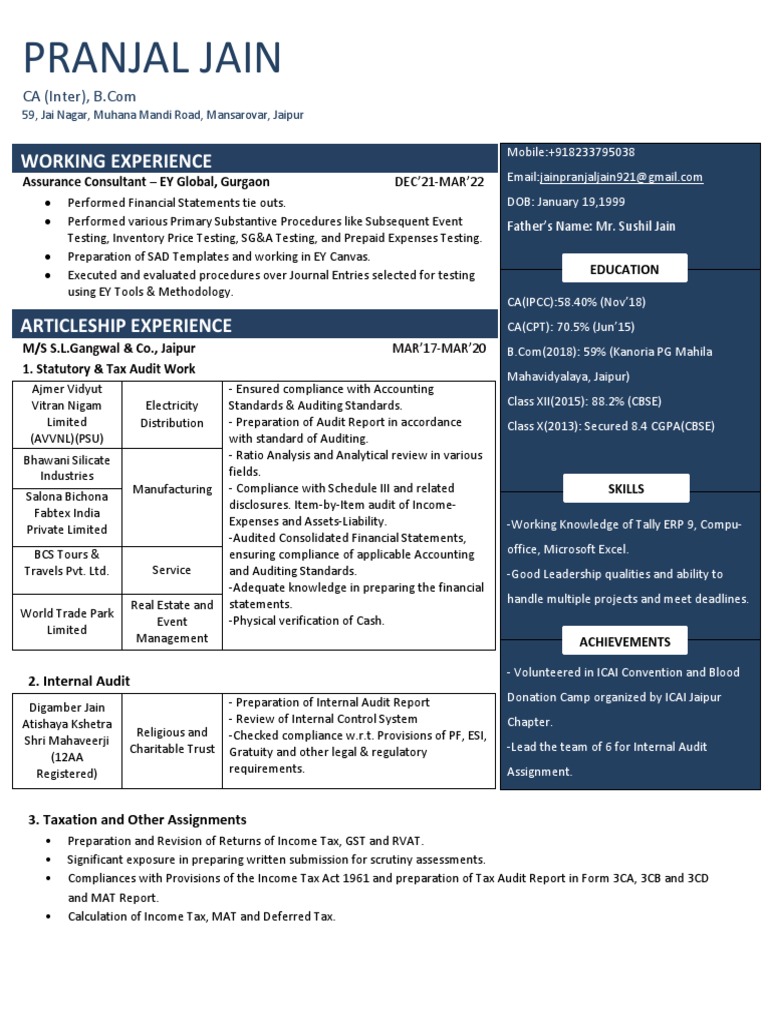 CA Inter Pranjal Jain Assurance Consultant EY Gurgaon PDF