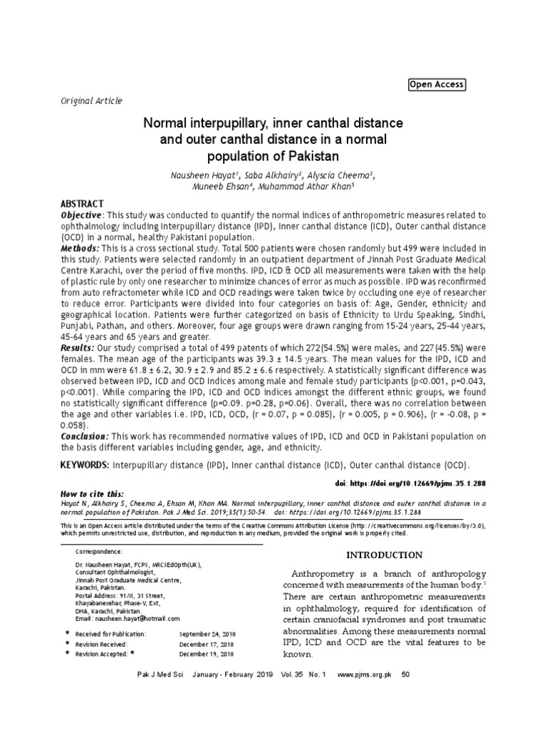 Normal Interpupillary, Inner Canthal Distance and Outer Canthal ...