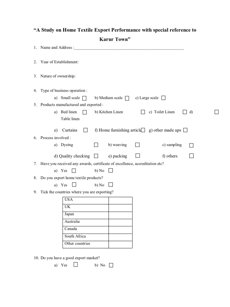 home textile export performance questionnaire