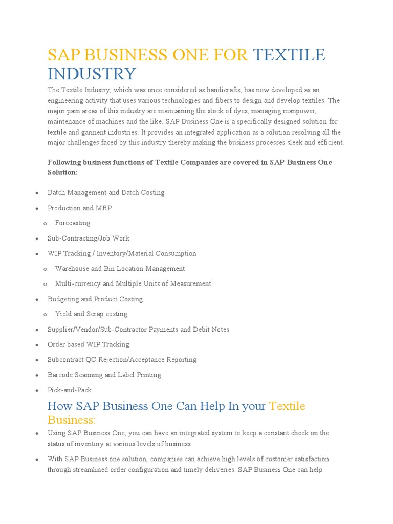 Sap Business One For Textile Industry Pdf Inventory Customer
