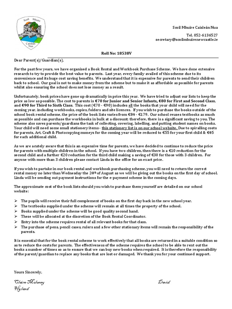 Book rental letter to parents download free pdf textbook business