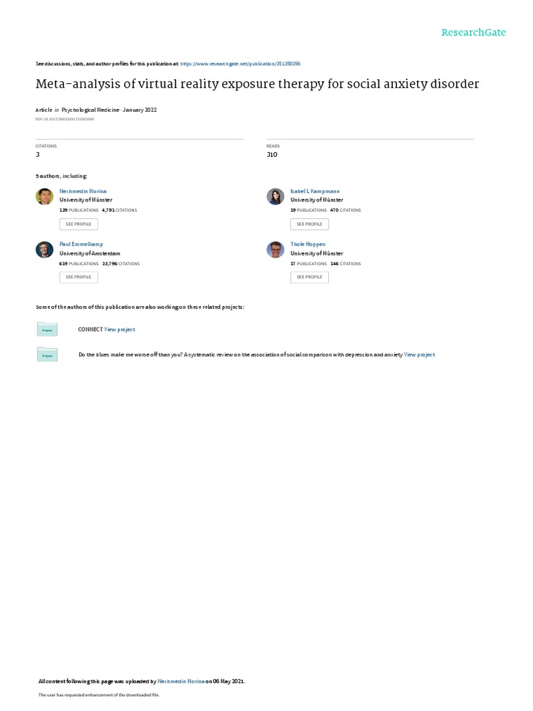 MetaAnalysis of Virtual Reality Exposure Therapy For Social Anxiety