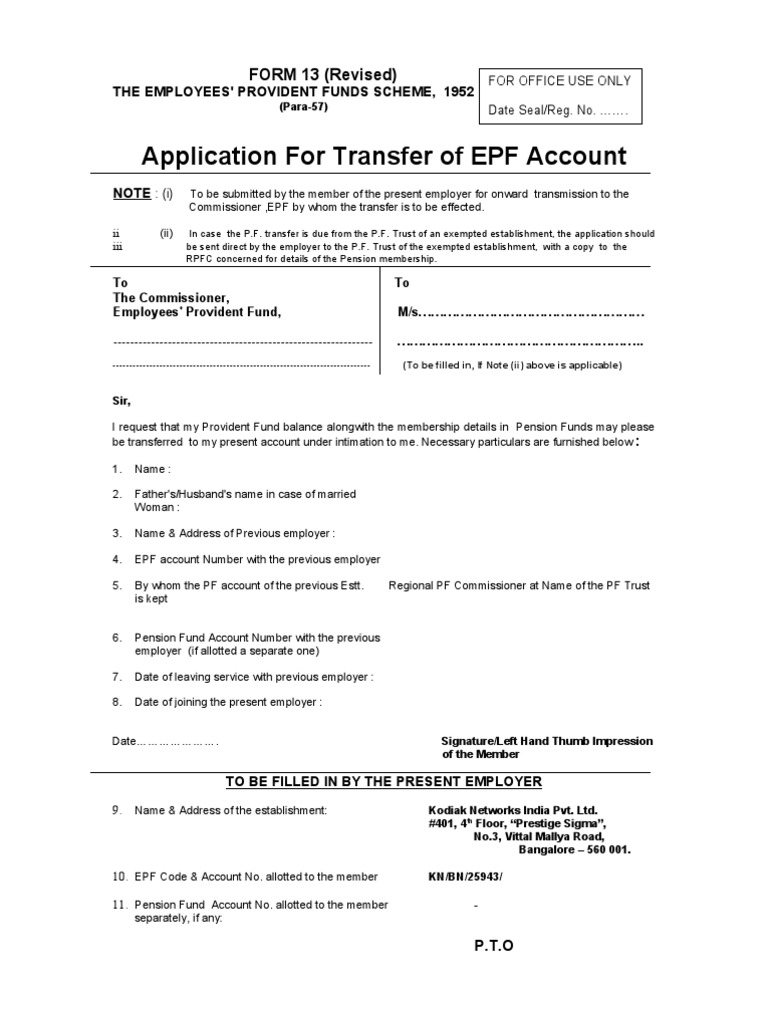 What Is The Use Of Form 13 In Pf