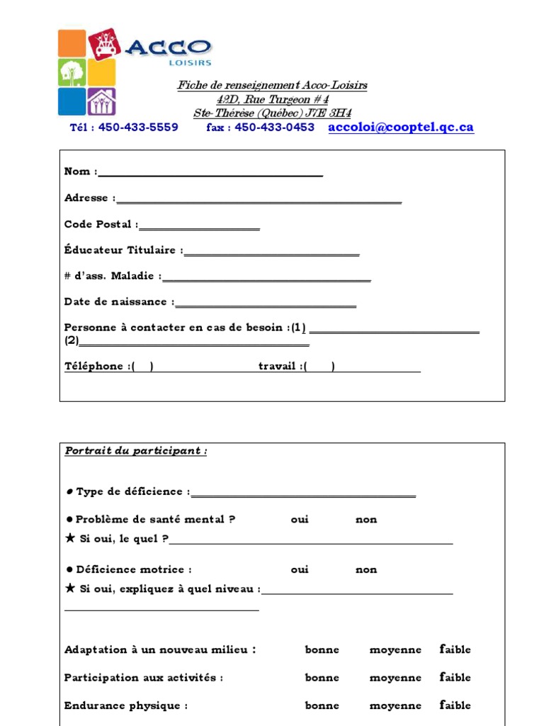 Fiche de Renseignements AccoLoisirs  Médicament  Trouble mental