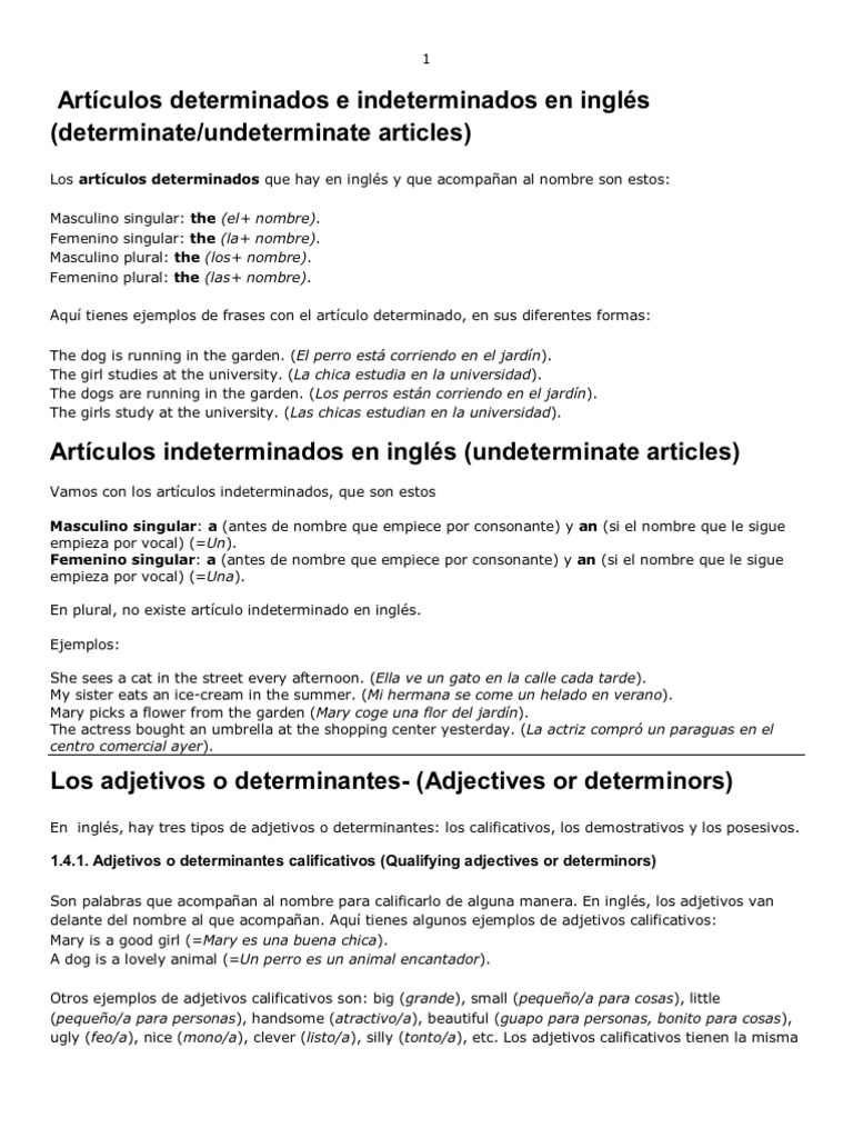 Articulos Determinados E Indeterminados En Ingles Verbo Adjetivo