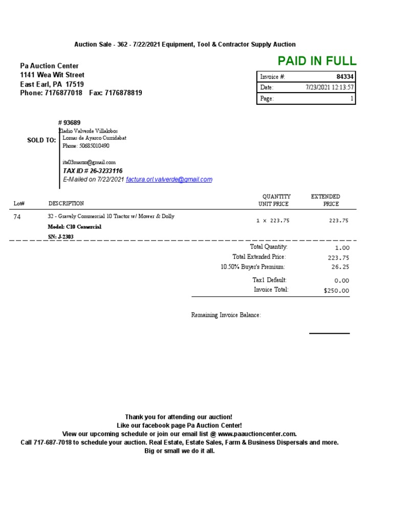 Paid in Full Pa Auction Center 1141 Wea Wit Street East Earl, PA 17519