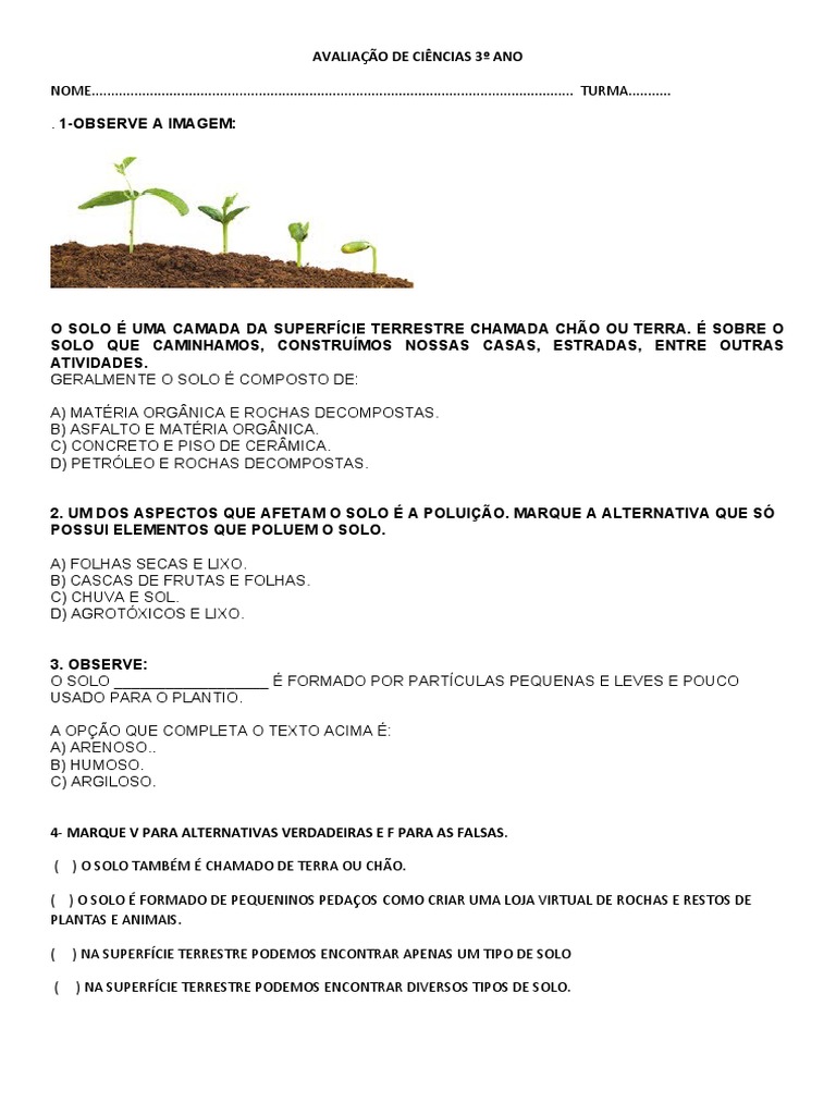 Avaliação de Ciências: Tipos de Solo 3º Ano | PDF | Solo | Plantas