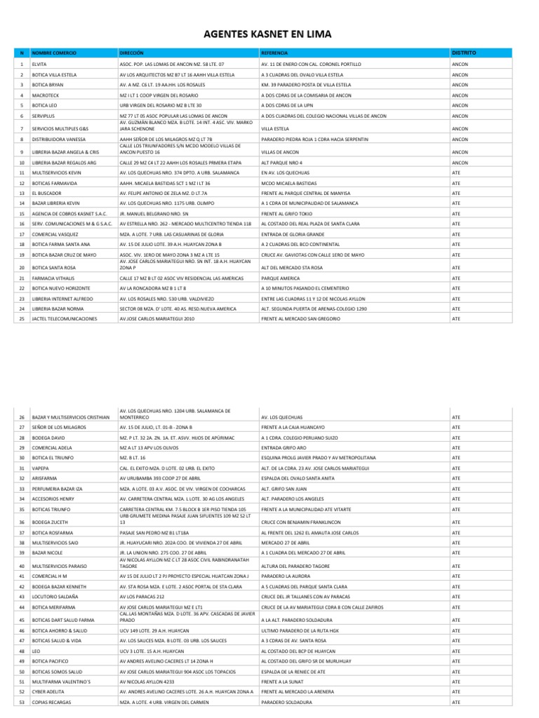 Agentes Kasnet Lima Provincia Pdf Perú