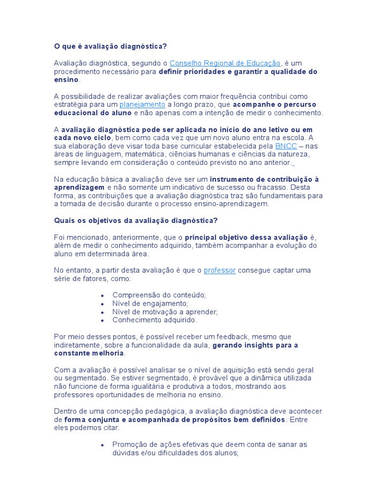 Objetivos da Avaliação Diagnóstica | PDF | Aprendizado | Teste (avaliação)