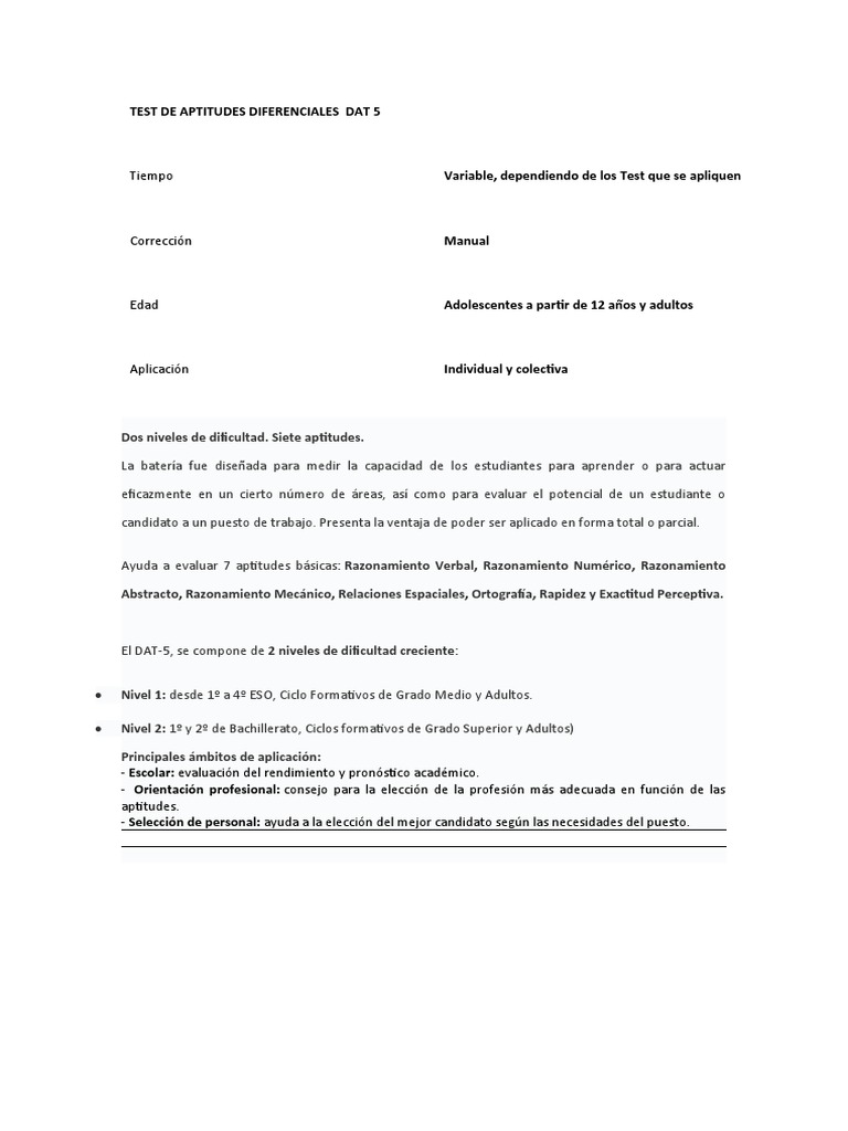 Test de Aptitudes Diferenciales Dat 5 Ficha Tecnica | PDF