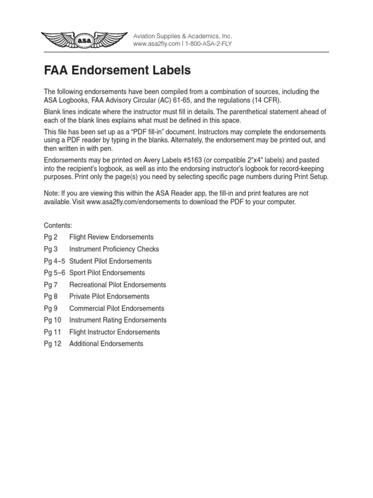 FAA Pilot Endorsement Labels PDF Aeronautics Flight Instructor