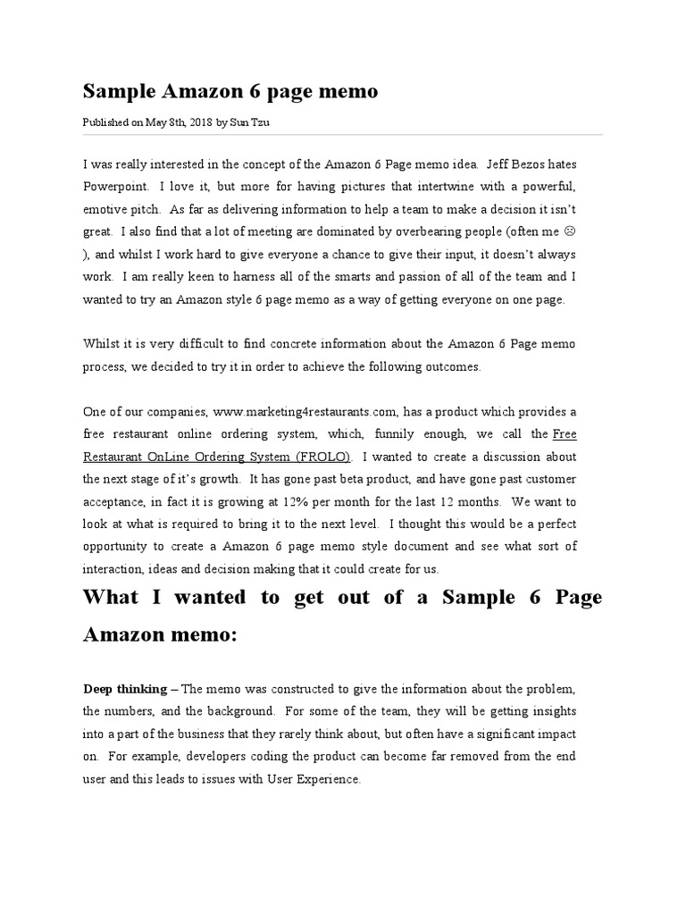 Sample Amazon 6 Page Memo | PDF | Restaurants | Employment
