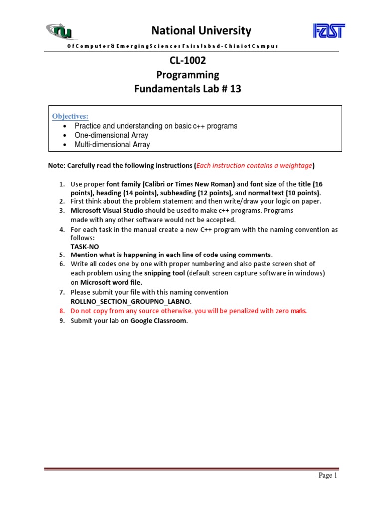 National University: CL-1002 Programming Fundamentals Lab # 13 | PDF ...