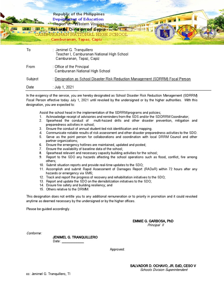 SDRRM Focal Person Designation Notice | PDF | Emergency Management ...