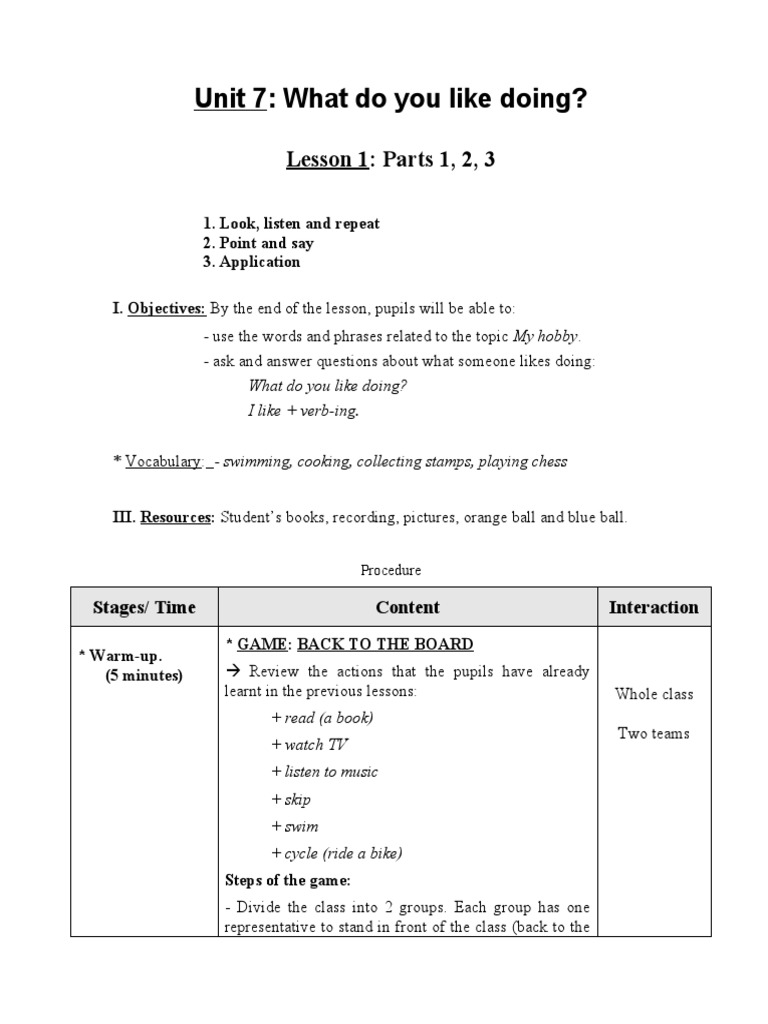 Unit 7: Hobbies Lesson Plan for Grade 4 | PDF | Vocabulary | Linguistics