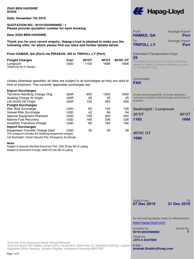 Hapag-Lloyd Quotation W1912DOH00682 | PDF | Cargo | Bill Of Lading