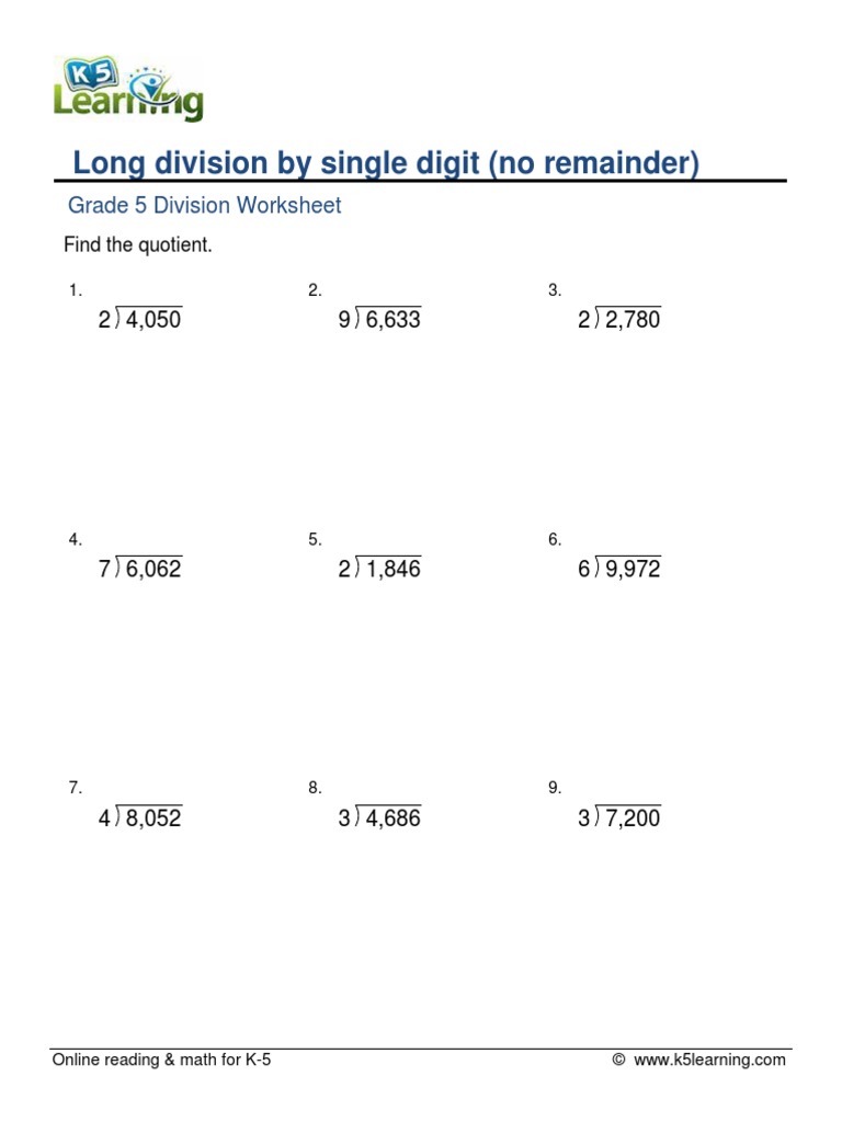 Grade 5 Long Division 4x1 Digit No Remainder A | PDF | Computers