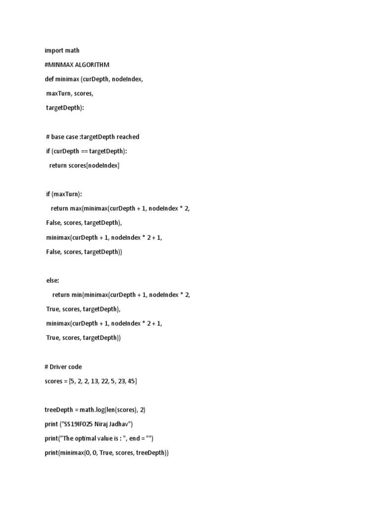 Minimax Algorithm Implementation in Python | PDF