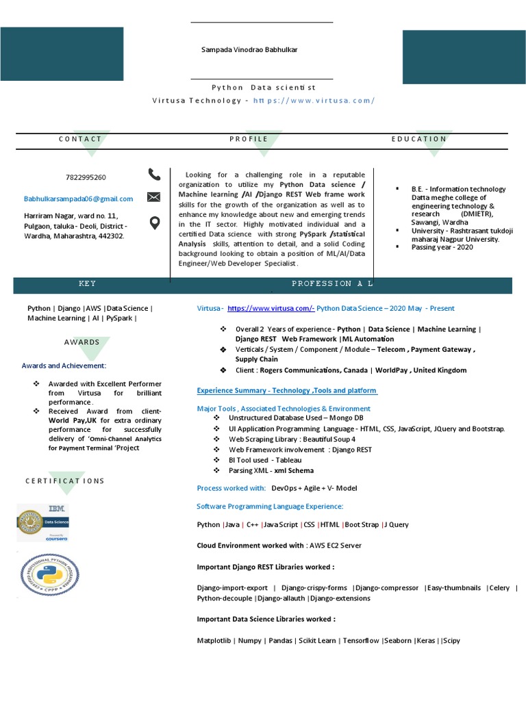 Virtusa Data Scientist Profile and Achievements | PDF | Machine ...