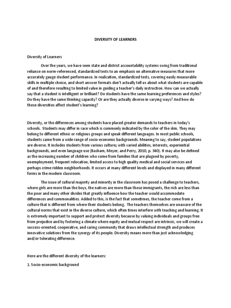 Diversity Of Learners Pdf Learning Teachers