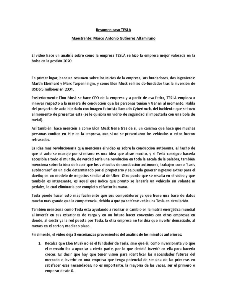 Resumen Caso TESLA | PDF | Elon Musk | Economias