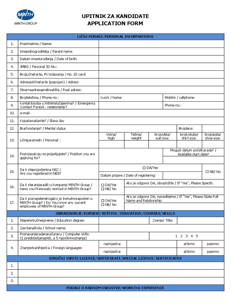 Minth Application Form in Both Serbian and English | PDF