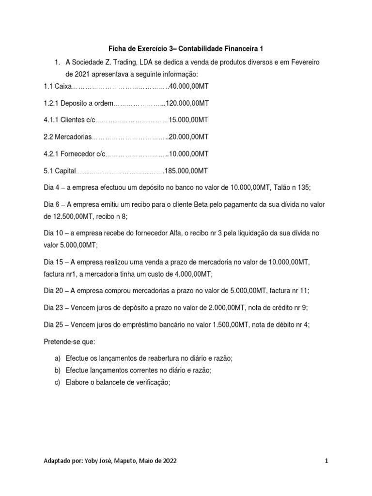 Ficha de Exercício 3 - Contabilidade Financeira | PDF | Imposto sobre Valor  Agregado (IVA) | Empréstimos