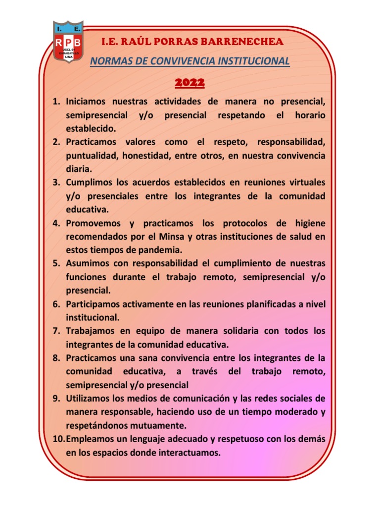 Normas de Convivencia 2022 I.E. Raúl Porras | PDF | Crecimiento ...