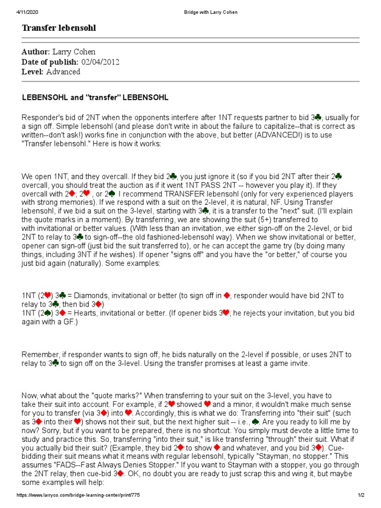 Transfer Lebensohl in Bridge Explained PDF Contract Bridge