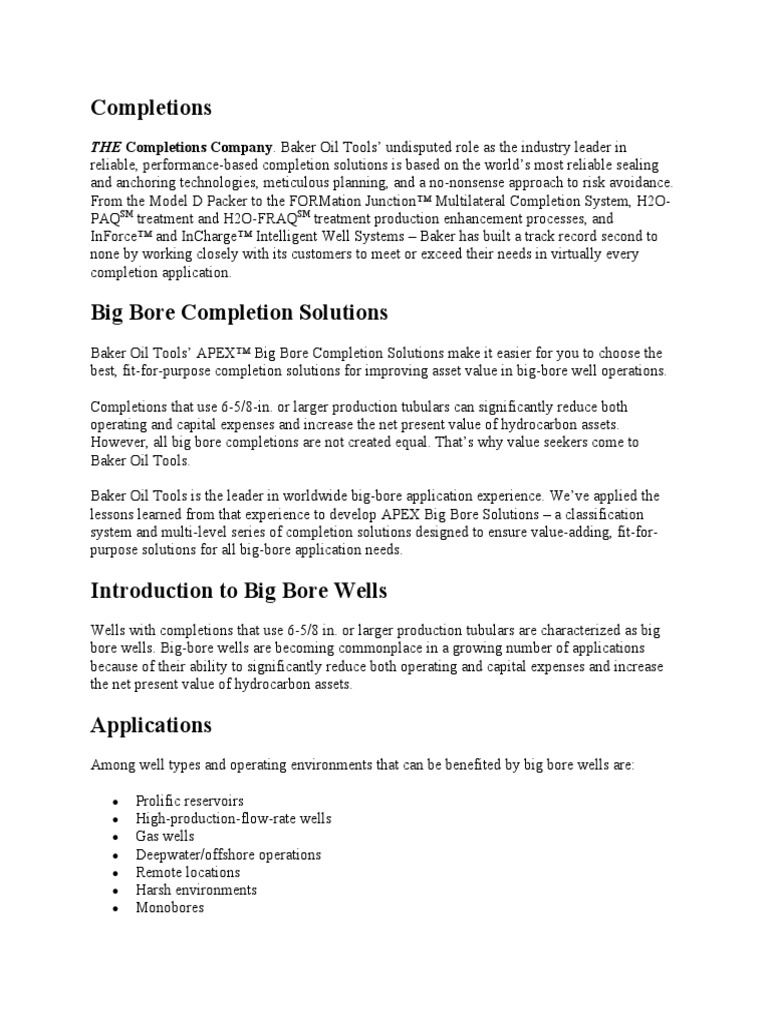 Completions Company. Baker Oil Tools PDF Oil Well Casing (Borehole)